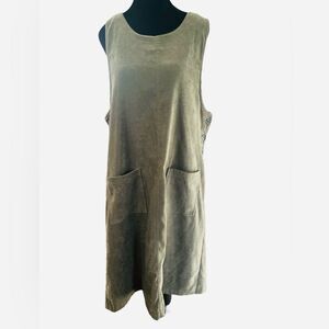 Vintage Sleeveless Jumper Dress Size Large Olive Green Brushed Faux Suede Pocket